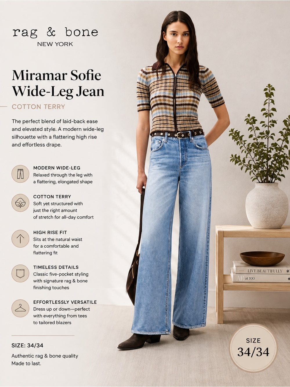 rag & bone Miramar “Sofie” Wide-Leg Jeans, 34/34, Currently $258 Retail